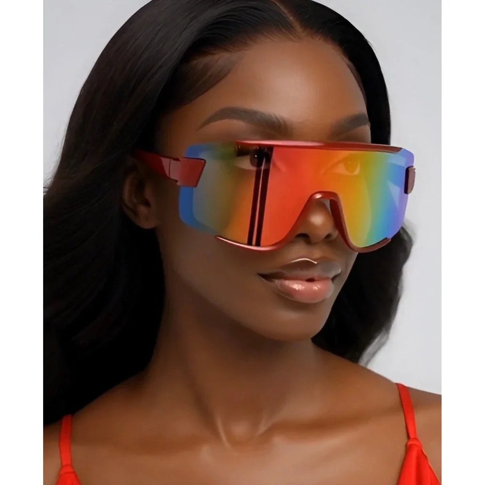 Women Red Frame Shield‎ Sunglasses Mirrored Lens Sport Cycling Running Driving